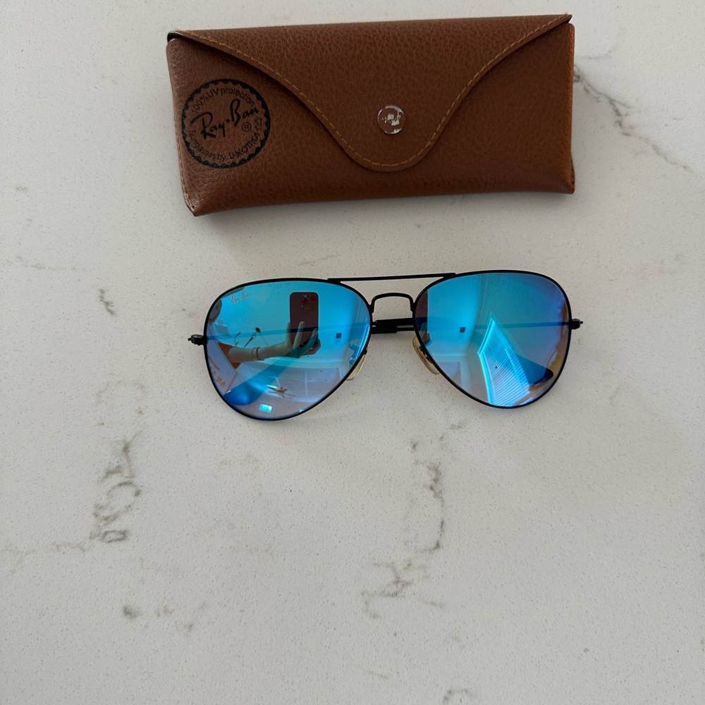 Ray-Ban Aviator Sunglasses with Black Frame and Blue Lenses